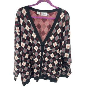 Rafaella Womens Cardigan Sweater Check Button Merino Wool Acrylic Black Red 3X